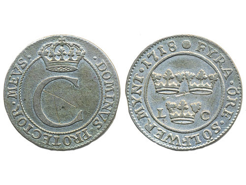 Coins, Sweden. Karl XII, SM 118, 4 öre 1718. 2.91 g. Stockholm. Grafitti on obverse. SMB 118. 1/1+.
