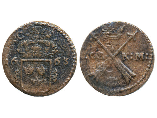 Coins, Sweden. Karl XI, SM 346, 1 öre KM 1663. 15.11 g. SMB 536. 1?/1.