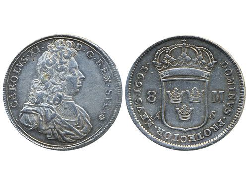 Coins, Sweden. Karl XI, SM 65, 8 mark 1693. 30.96 g. Stockholm. Cleaned. SMB 25b. 1/1+.