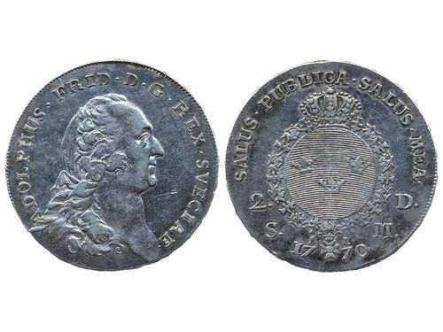 Coins, Sweden. Adolf Fredrik, SM 61b, 2 daler SM (2/3 riksdaler) 1770. 19.44 g. Stockholm. Cleaned. SMB 31. 1/1+.
