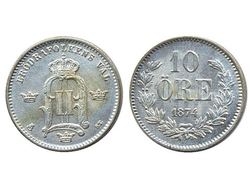 Coins, Sweden. Oskar II, MIS I.1, 10 öre 1874. Beautiful specimen. 01/0.