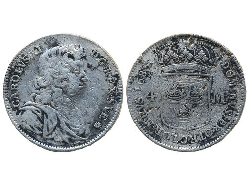 Coins, Sweden. Karl XI, SM 79, 4 mark 1685. 16.70 g. Stockholm. R. Scratches, corrosion. SMB 48. 1.