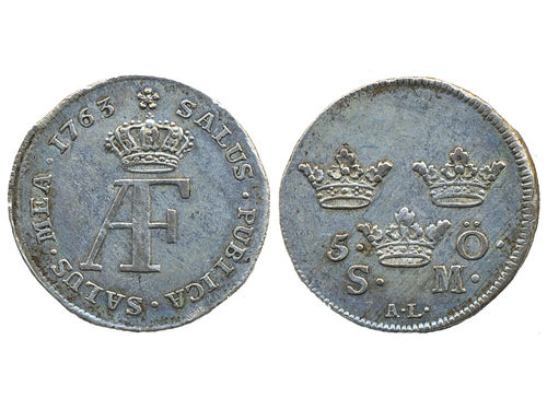 Coins, Sweden. Adolf Fredrik, SM 109, 5 öre 1763. 3.53 g. Stockholm. SMB 94. 1+.