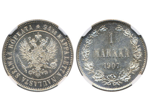 Coins, Finland. Nicholas II, KM 3.2, 1 markka 1907. Graded by NGC as MS63. Bitkin 399. 01/0.