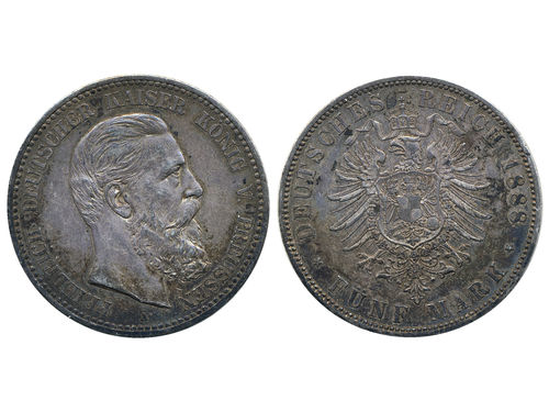 Coins, Germany, Prussia. Friedrich (1888), KM 512, 5 mark 1888 A. Lustrous example with dark toning. Jaeger 99. Dav. 787. XF.