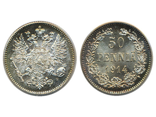 Coins, Finland. Nicholas II, KM 2.2, 50 penniä 1914. Graded by PCGS as MS68. Bitkin 405. 0.