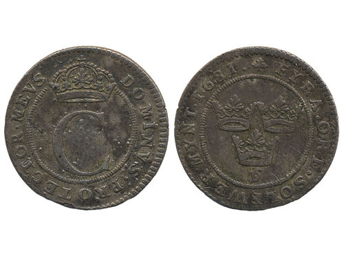 Coins, Sweden. Karl XI, SM 210, 4 öre 1681. 3.05 g. Stockholm. Scarce date. R. SMB 340. 1+.