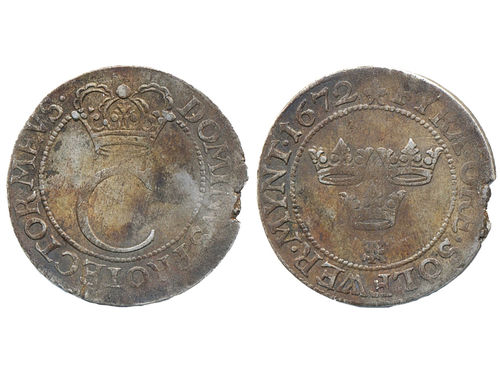 Coins, Sweden. Karl XI, SM 201a, 4 öre 1672. 2.74 g. Stockholm. Scarce date. Planchet flaw at edge. R. SMB 325. 1+.
