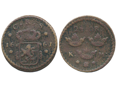 Coins, Sweden. Karl XI, SM 336, 2½ öre KM 1661. 36.82 g. Avesta. Corroded. One year type. SMB 521. 2/1?