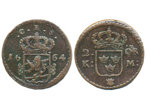 Coins, Sweden. Karl XI, SM 340, 2 öre KM 1664. 33.19 g. Avesta. Edge nick. SMB 529. 1/1+.
