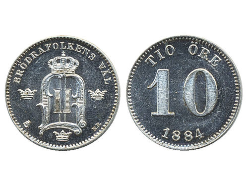 Coins, Sweden. Oskar II, MIS II.6b, 10 öre 1884. Light hairlines. 01/0.