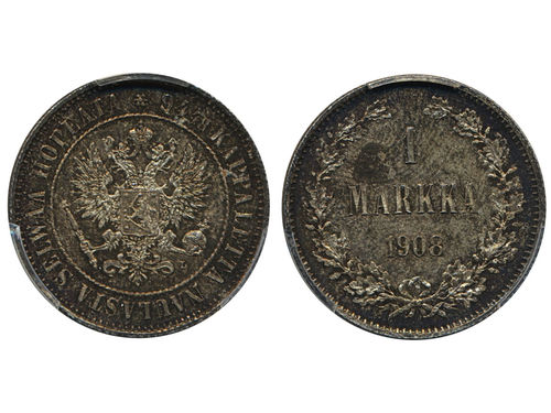 Coins, Finland. Nicholas II, KM 3.2, 1 markka 1908. Superb example with dark toning and reflective surfaces. Graded by PCGS as MS65. 0.
