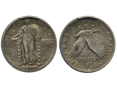 Coins, U.S.A. KM 145, 25 cents 1919 D. Attractive lightly toned example. Graded by PCGS as AU55. XF.