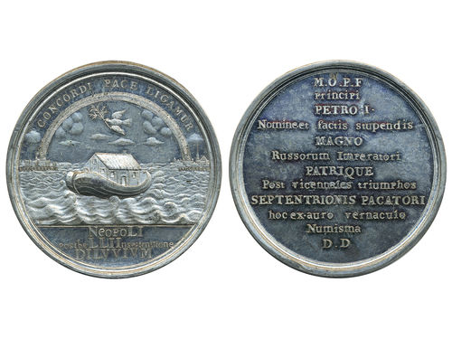 Medals, regal, Russia. Peter I (The Great), Diakov 57.7, White metal medal, 60 mm , 56.22 g. Engraves by S Yudin. Issued for the Peace of Nystadt between Russia and Sweden in 1721. Obv: Noah's ark at sea with a dove above holding olive branch in its beak, with rainbow in background connecting the cities of St. Petersburg and Stockholm, with CONCORDI PACE LIGAMUR around and NeopoLI / postbe LLI In septentrione / DILVVIVM in exergue. Rev: 13 lines of text in Latin. Attractive example with lustrous surfaces. XF-UNC.
