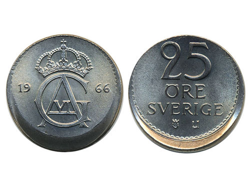 Coins, Sweden. Gustav VI Adolf, MIS II.5, 25 öre 1966. Struck out of collar. Interesting mint error. 0.