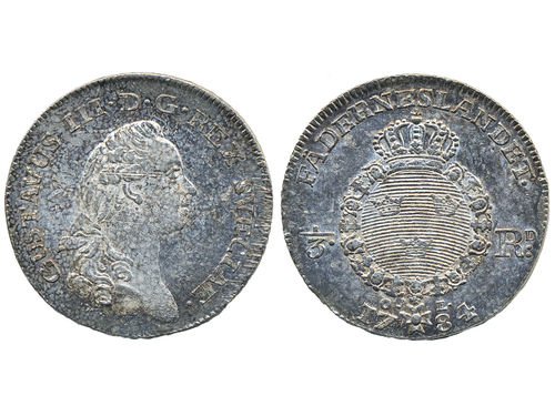 Coins, Sweden. Gustav III, SM 68, 1/3 riksdaler 1784. 9.72 g. Stockholm. Superb example with much lustre and nice toning; minor adjustment marks. SMB 52. 01/0.