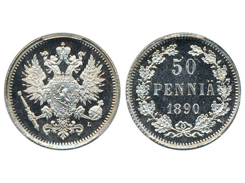 Coins, Finland. Alexander III, KM 2.2, 50 penniä 1890. Superb example with fully reflective proof surfaces. Graded by PCGS as PR67 DCAM. Bitkin 234. 0.