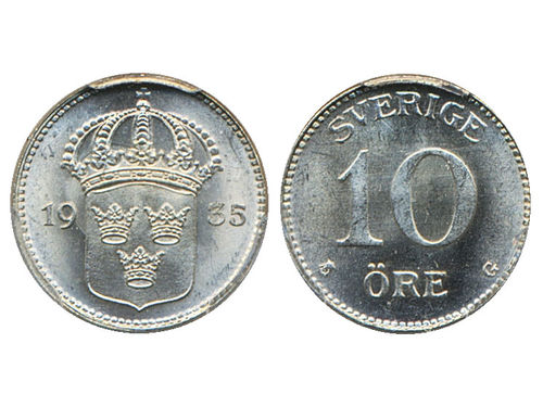 Coins, Sweden. Gustav V, MIS I.17a, 10 öre 1935. Graded by PCGS as MS66. 0.