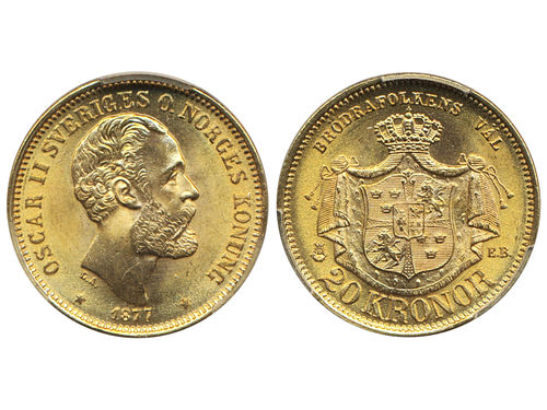 Coins, Sweden. Oskar II, MIS II.3b, 20 kronor 1877. Graded by PCGS as MS66. SG 8. 0.