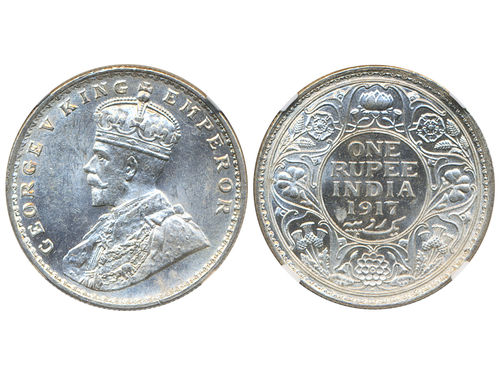 Coins, India. George V (1910–36), KM 524, 1 rupee 1917. Bombay mint. Graded by NGC as MS62. XF-UNC.
