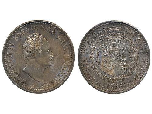 Coins, Germany, Hanover. Wilhelm IV (1830–37), KM 169, 1 thaler 1837 A. Beautifully toned example with much lustre. Graded by PCGS as MS63. Jaeger 52. Dav. 664. XF-UNC.