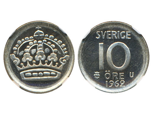 Coins, Sweden. Gustav VI Adolf, MIS I.12, 10 öre 1962. Graded by NGC as MS67. 0.