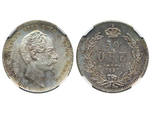 Coins, Sweden. Oskar I, SM 61, 50 öre 1857. Beautifully toned example. Graded by NGC as MS64. 01/0.