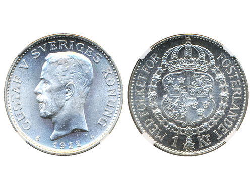 Coins, Sweden. Gustav V, MIS I.18, 1 krona 1932. Graded by NGC as MS66+. 0.