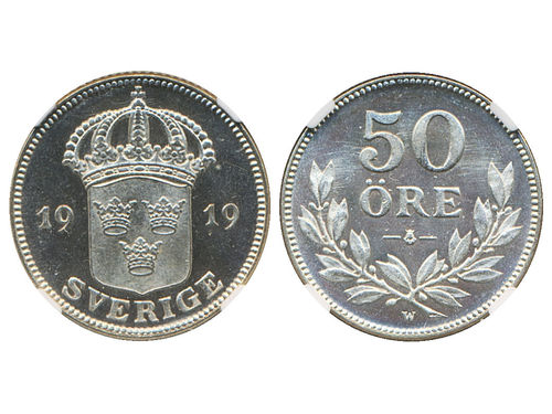 Coins, Sweden. Gustav V, MIS I.5, 50 öre 1919. Graded by NGC as MS65. 0.