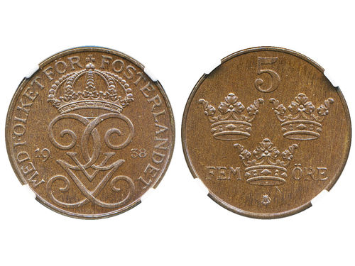 Coins, Sweden. Gustav V, MIS I.29a, 5 öre 1938. Graded by NGC as MS66 BN. 0.