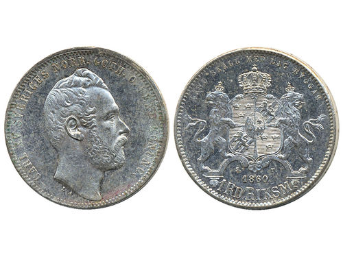 Coins, Sweden. Karl XV, SM 28, 1 riksdaler riksmynt 1860. Beautiful example with mirror-like surfaces. MIS 1. 01/0.