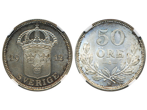 Coins, Sweden. Gustav V, MIS I.2, 50 öre 1912. Graded by NGC as MS65. SM 72. 0.