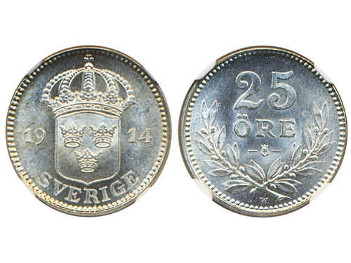 Coins, Sweden. Gustav V, MIS I.3, 25 öre 1914. Graded by NGC as MS66. SM 103. 0.