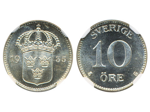 Coins, Sweden. Gustav V, MIS I.17b, 10 öre 1935. Graded by NGC as MS65. 0.