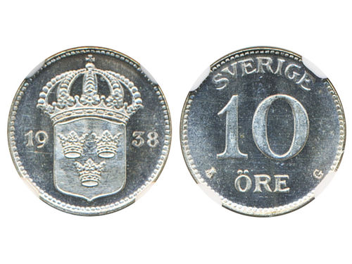 Coins, Sweden. Gustav V, MIS I.20a, 10 öre 1938. Graded by NGC as MS66. SM 159. 0.