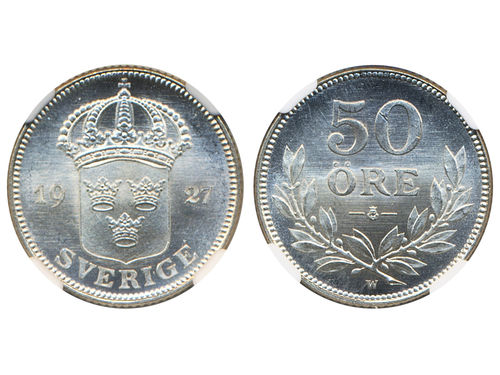 Coins, Sweden. Gustav V, MIS I.6, 50 öre 1927. Graded by NGC as MS66. SM 79. 0.