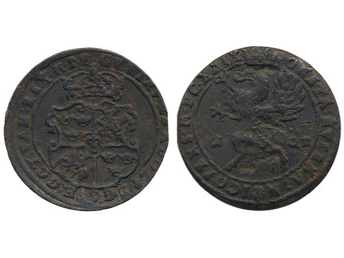 Coins, Sweden. Gustav II Adolf, SM 185b, 1 öre 1629. 29.43 g. Nyköping. Slight rust spots, but overall a well struck and attractive example. Partly struck with rusty dies. SMB 269. 1+/01.