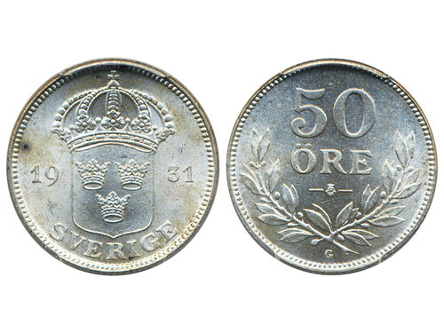 Coins, Sweden. Gustav V, MIS I.10, 50 öre 1931. Graded by PCGS as MS66. SM 83. 0.