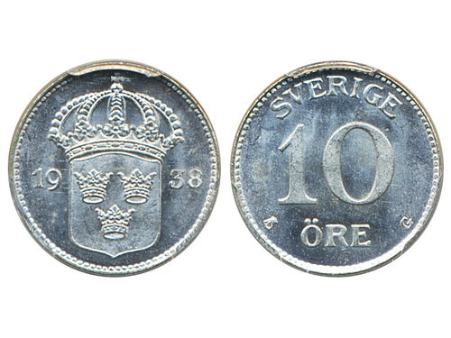 Coins, Sweden. Gustav V, MIS I.20a, 10 öre 1938. Graded by PCGS as MS66. SM 159. 0.