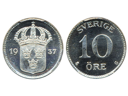 Coins, Sweden. Gustav V, MIS I.19a, 10 öre 1937. Graded by PCGS as MS66. SM 158. 0.