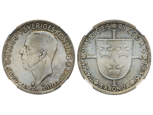 Coins, Sweden. Gustav V, MIS II, 5 kronor 1935. Beautifully toned example. Graded by NGC as MS64. SM 3. 01/0.