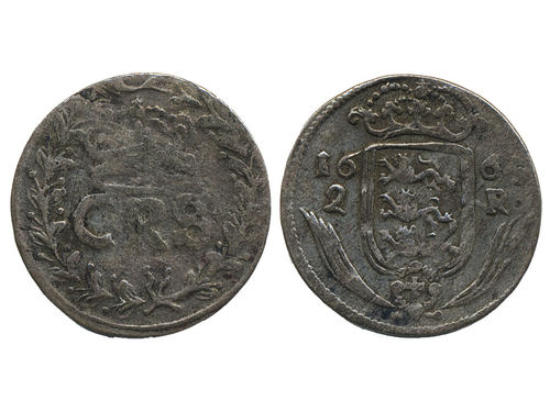 Coins, Swedish possessions, Reval. Karl XI, SB 113, 2 rundstuck (öre) 1665. 1.55 g. SMB 1002. 1/1+.