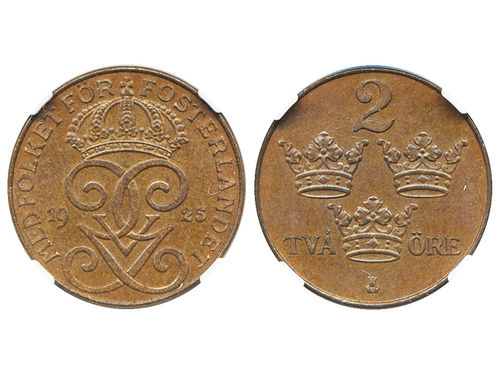 Coins, Sweden. Gustav V, MIS I.14, 2 öre 1925. Graded by NGC as MS65BN. 01/0.