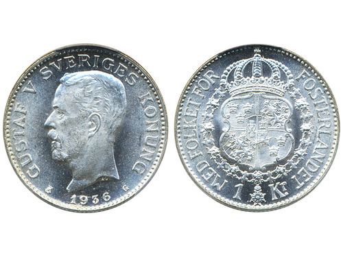 Coins, Sweden. Gustav V, MIS I.22, 1 krona 1936. Graded by PCGS as MS65. SM 55. 01/0.
