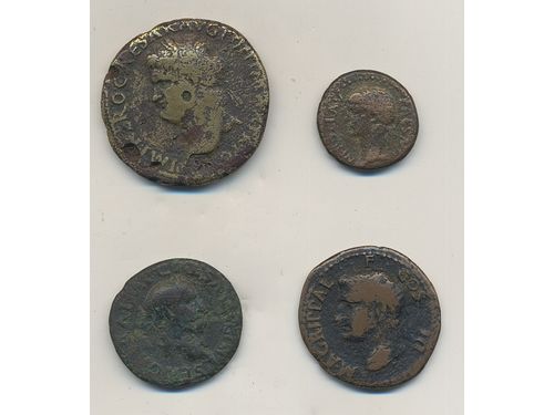 Coins, Ancient, Roman Empire. Lot. Bronze coins. Agrippa, Nero (two) and Galba. In total four coins. VG.