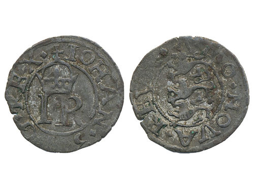 Coins, Swedish possessions, Reval. Johan III, SB 43b, 1 solidus ND. 0.85 g. Variety IOHAN 3 with numeric 3 in legend. Hints of lustre. This is a fairly scarce variety, much more so than indicated in literature. SMB 146. 1+.