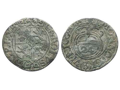Coins, Swedish possessions, Riga. Karl XI, SB 98, 1/24 taler 1669. 0.82 g. Lightly bent. SMB 1041. 1/1+.