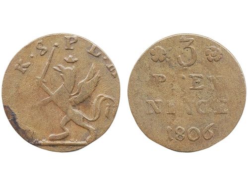 Coins, Swedish possessions, Pomerania. Gustav IV Adolf, SB 267, 3 pfennig 1806. 2.81 g. Stralsund. SMB 110. 1/1+.