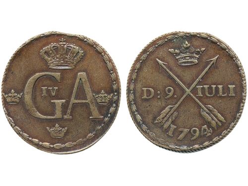 Coins, Sweden. Gustav IV Adolf, SM 67b, ½ skilling 1794. 11.76 g. Avesta. Minor edge clip from production. SMB 66. 1+.