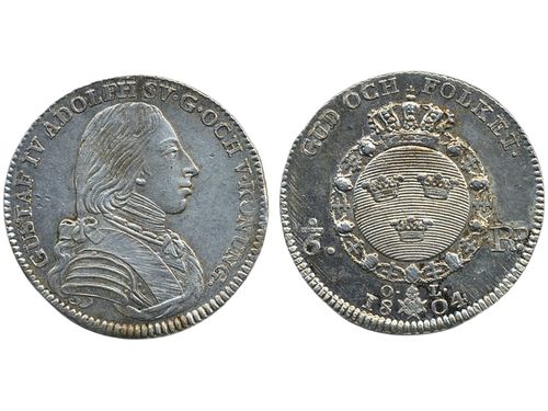 Coins, Sweden. Gustav IV Adolf, SM 39, 1/6 riksdaler 1804. 6.25 g. Stockholm. SMB 43. 01.